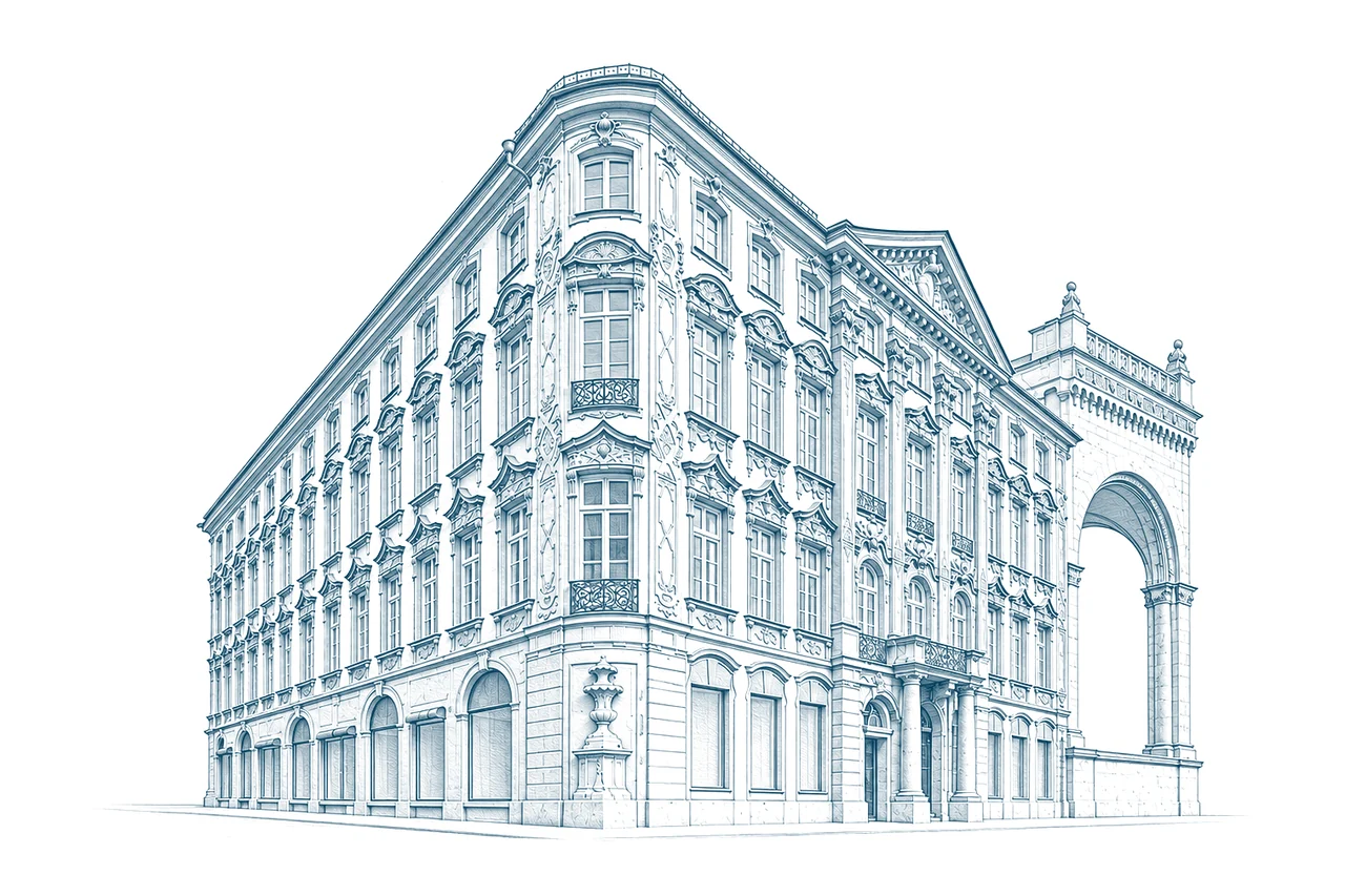 Zeichnung des Palais Preysing an der Ecke Residenzstraße und Viscardigasse, rechts ein Bogen der Feldherrnhalle. Mit KI erstellte Darstellung.
